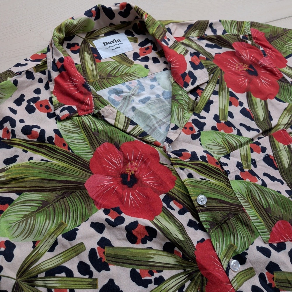 Duvin Design Leo Floral Hawaiian Camp Shirt Mens XL Leopard Loop Collar Rayon